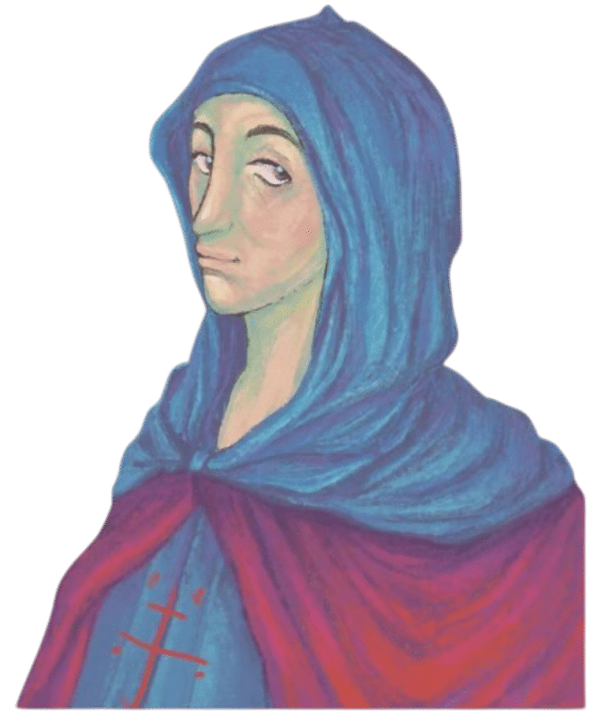 Digital illustration of someone with pale skin, a red robe, and blue hood; they're smiling slightly at the viewer