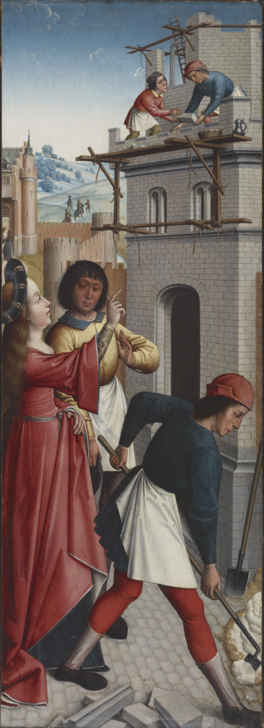 A painting in late medieval style showing Barbara with long loose hair and a red gown speaking to builders working on her tower; she points up towards the windows on the tower.