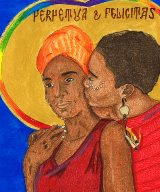Illustration of two Saints labeled Perpetua and Felicitas; they are Black women with gold and rainbow halos. Felicitas kisses Perpetua on the cheek.