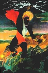  the African-diasporic god Shango, who is Black and wears a red mantle; he holds up a bundle of lightning in one hand and an ax in the other