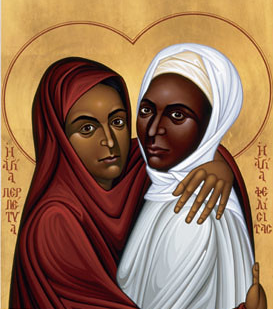 Icon of Saints Felicity and Perpetua, two Black women clinging to each other. They gaze at the viewer with looks of determination.