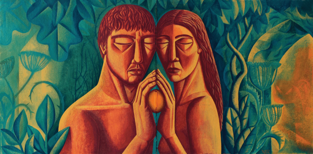 Painting of Adam and Eve on a blue-green background featuring leaves, flowers, and trees. They are featured from the chest up, eyes closed and faces serious, facing each other but faces turned to the side. Their palms are pressed together, an orange fruit between their palms. A thin line separates them, and because their posture is exactly the same, there's a sort of mirror effect, as if what separates them is a mirror