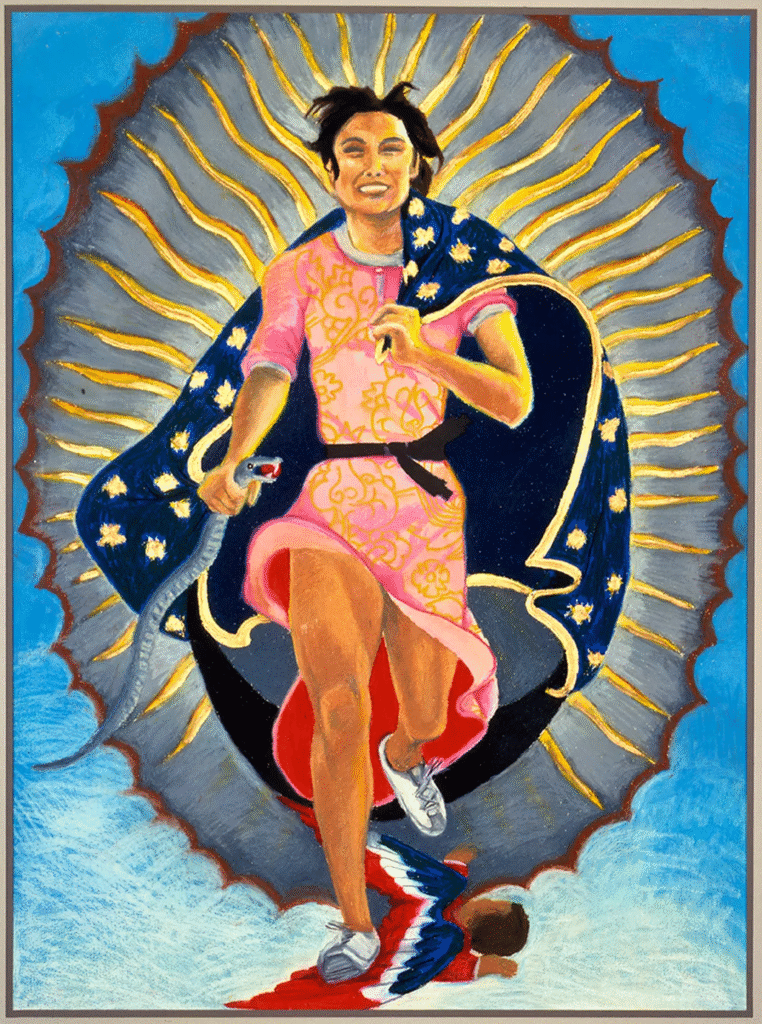 Painting of a woman in a pink dress, tennis shoes, and the blue starry cloak of our lady of Guadalupe is running towards the viewer, smiling huge. Rays of light beam from her, and she clutches a snake by the throat in one hand.