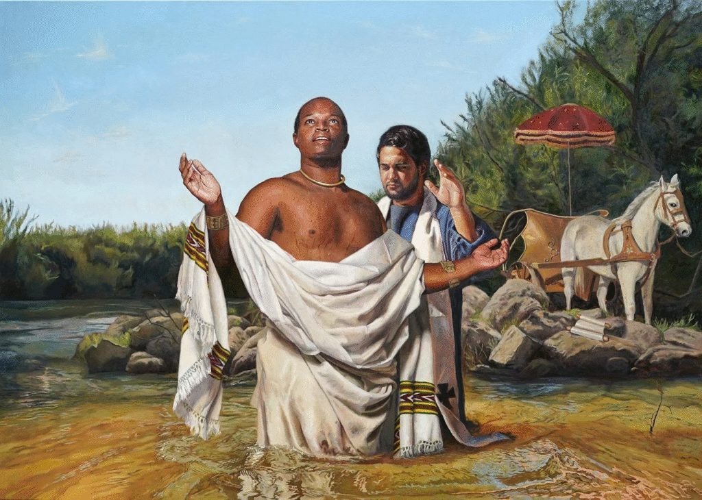 A painting of the eunuch's baptism; the eunuch has brown skin and no beard and stands in water that only goes up to his thighs in white robes, shoulders exposed, wearing a necklace, arms extended in prayer as he looks heavenward. Philip stands behind him, with lighter skin and dark beard, hand extended in blessing