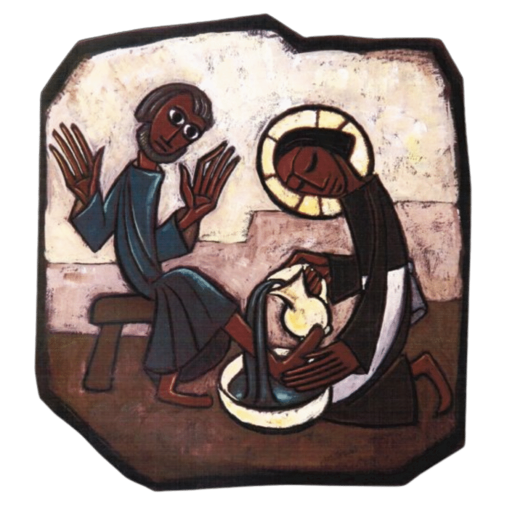 Painting in the style of much Ethiopian Christian art of Jesus washing Peter's feet. Peter's hands are up and he looks on solemnly; Jesus looks serene, eyes while pouring water from a shining yellow pitcher, haloed in the same shiny yellow. While Peter is bearded, Jesus has no beard.