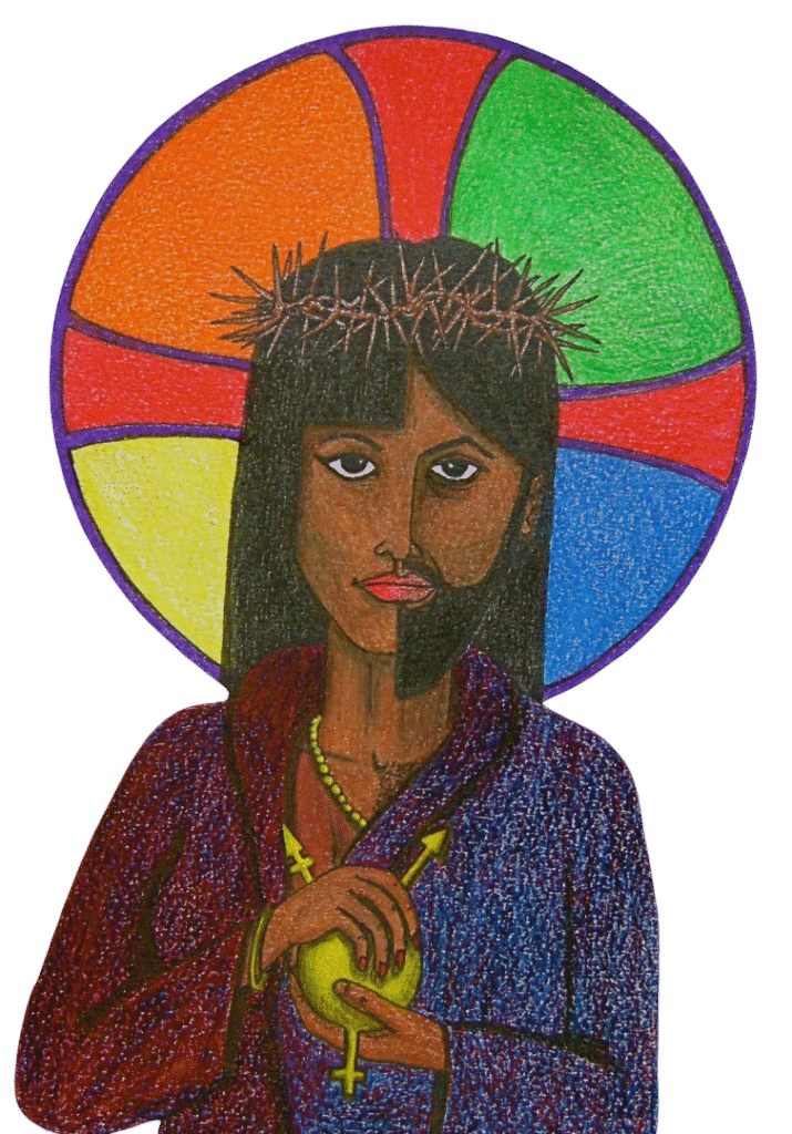 Drawing of Jesus with a rainbow halo and crown of thorns, face and body split down the middle; one side is feminine, the other masculine. They hold a golden statue of the genderqueer symbol in their hands.