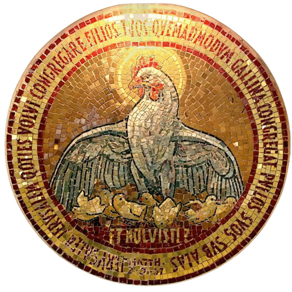 mosaic of a mother hen haloed in gold, with chicks under her wings. Latin circles round the image, the words of Jesus from Luke/Matthew wishing to gather his people under his wings