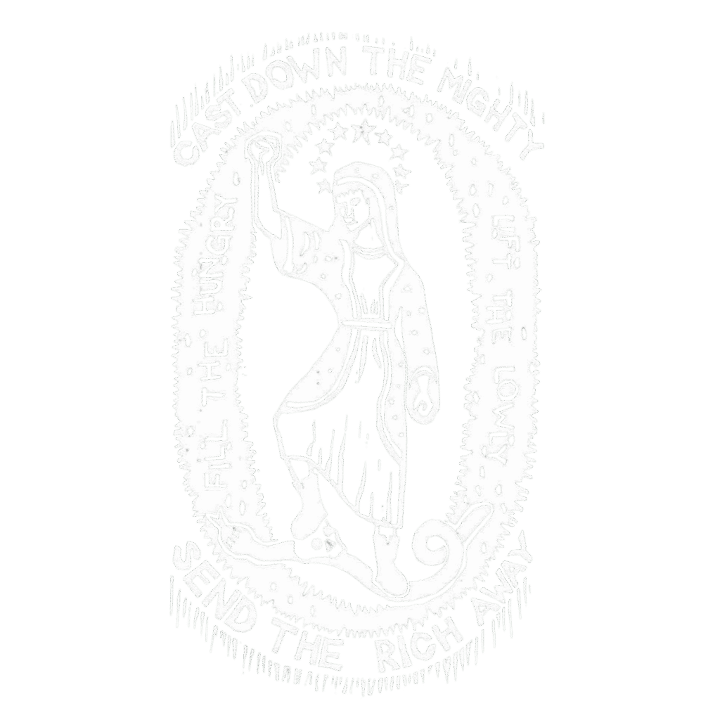print of Mary encircled by text from the magnificat: Cast down the mighty; send the rich away; fill the hungry; lift the lowly. She's haloed in stars and steps on a snake, and she is raising one fist in the air.