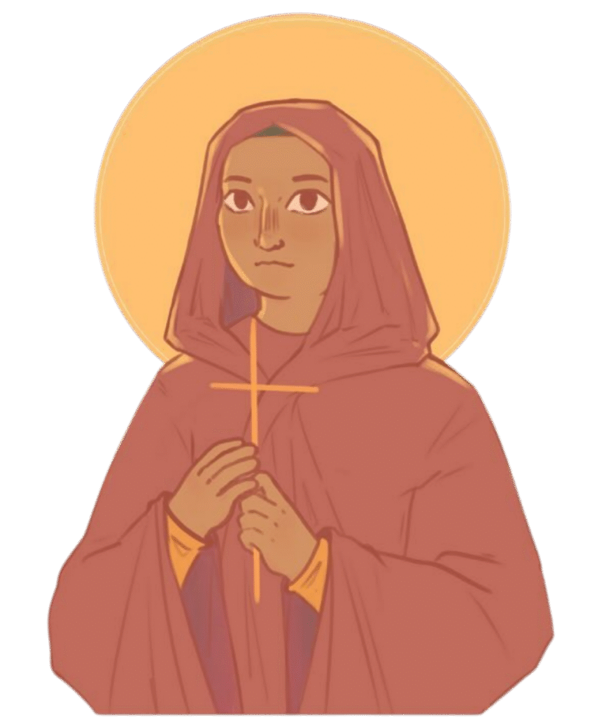 Digital illustration of a person with a halo and red robes and hood, holding a cross. They have light brown skin and a serious expression