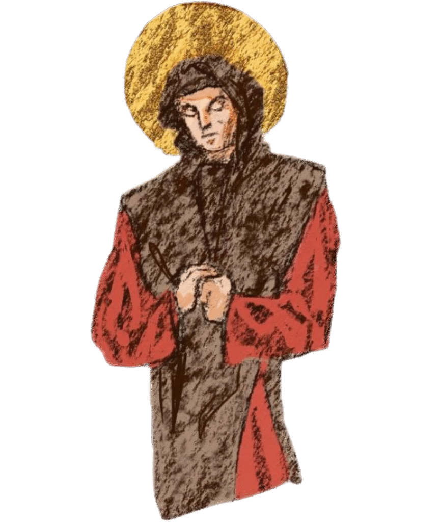 Digital illustration of a pesron with a gold halo, red robes with. brown robe and hood over it, with hands clasped and head down in prayer