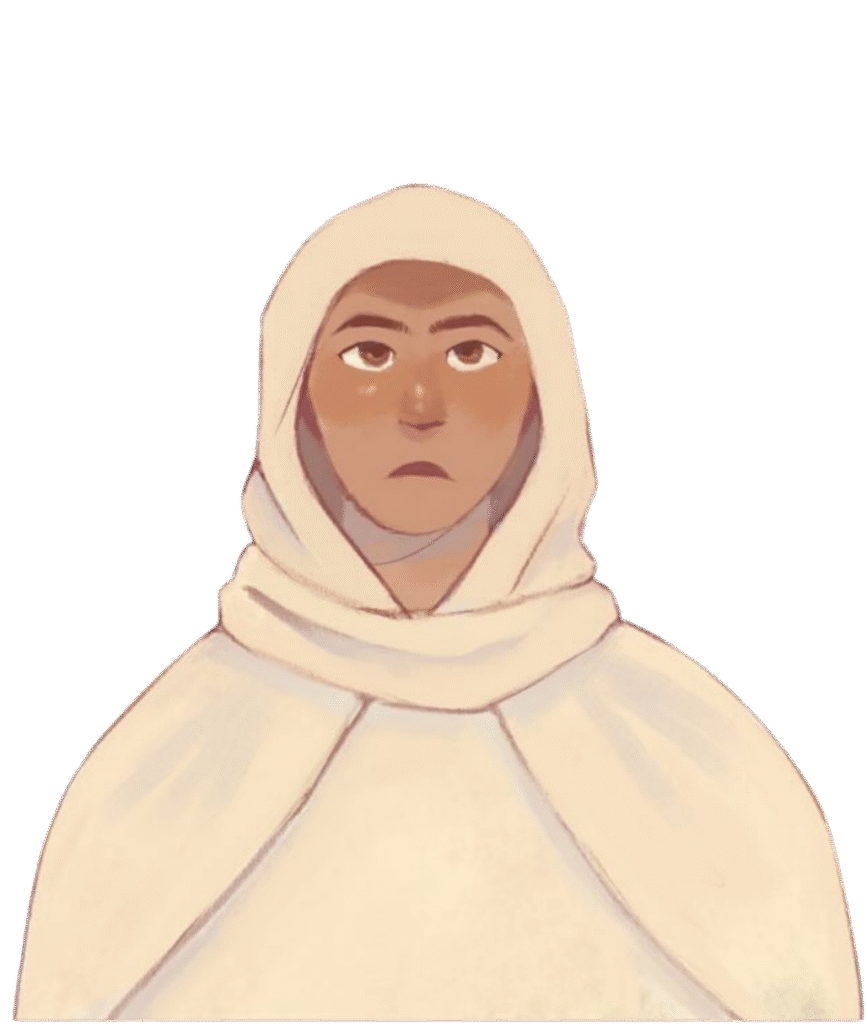 A figure in a white robe and hood with a serious expression