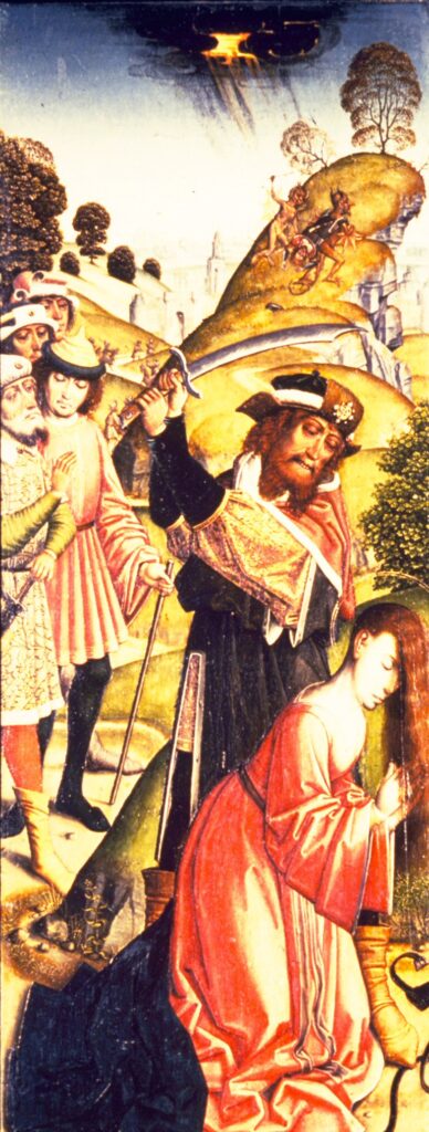 painting matching the previous, featuring Barbara with her loose hair and red gown, but now she kneels praying as her father swings a sword back to behead her. Four well-dressed men look on. In the background, two devils are dragging her father up to the top of a cliff.