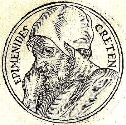 Ink drawing of Epimenides the Cretan, a bearded figure with a hood looking serious